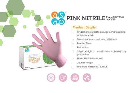 Asap Nitrile Power Free Disposable Gloves, Pink