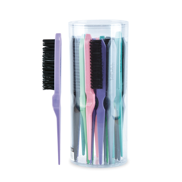 Pot of colored teasing brushes